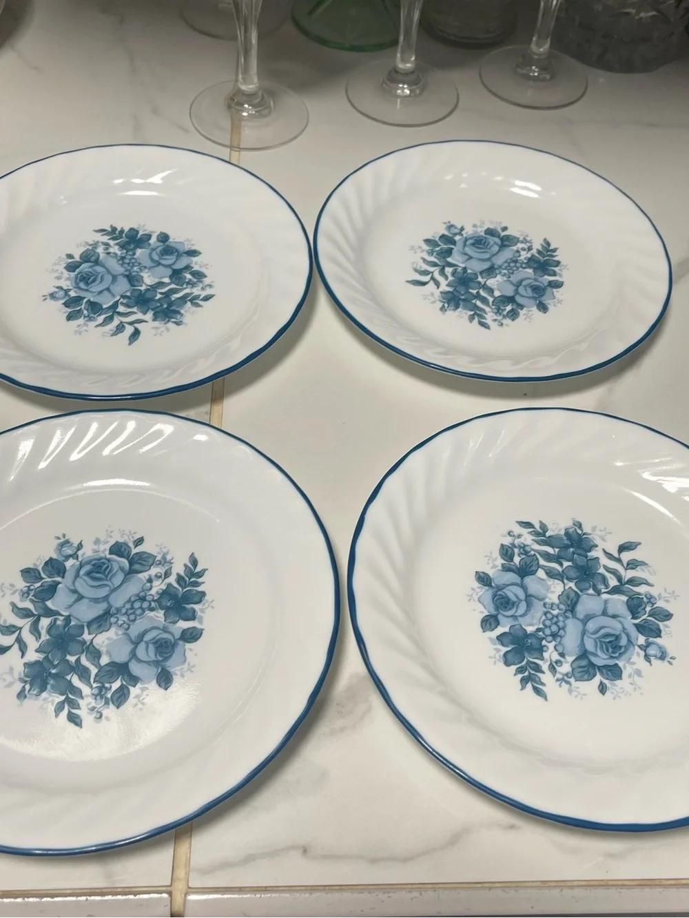 Corelle White Salad Plates with Blue Rose Bouquet - Set of 4